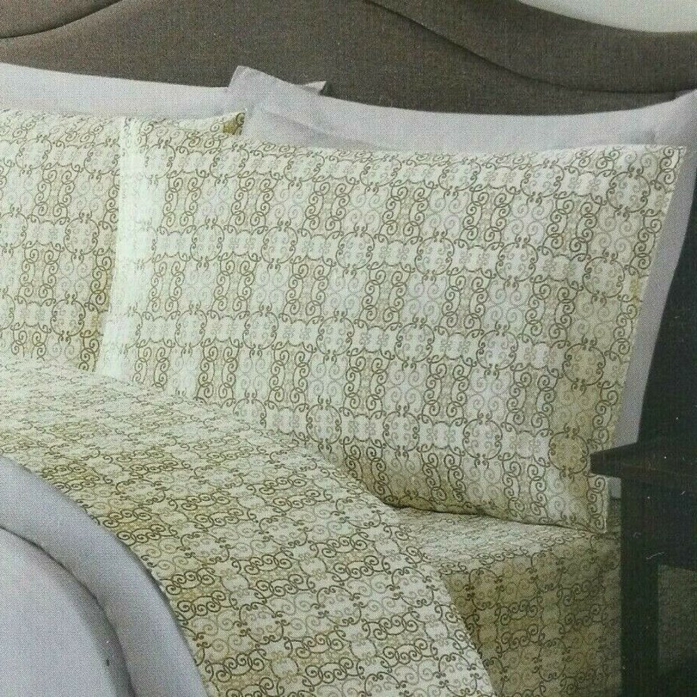 Twin Size Sheet Set Beige Ivory Abstract Scroll